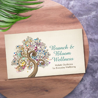 Whimsical Colorful Spiral Tree Wellness Business Card