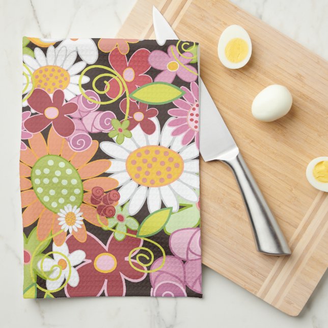 Whimsical Colorful Spring Flowers Floral Garden Kitchen Towel (Quarter Fold)