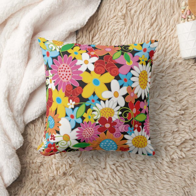 Whimsical Colorful Spring Flowers Garden Chic Cute Throw Pillow (Blanket)