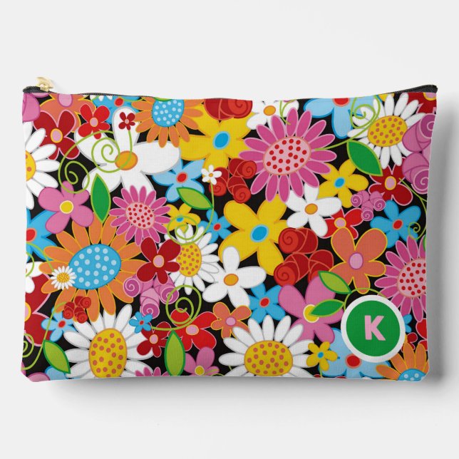 Whimsical Colorful Spring Flowers Garden Monogram Accessory Pouch (Front)