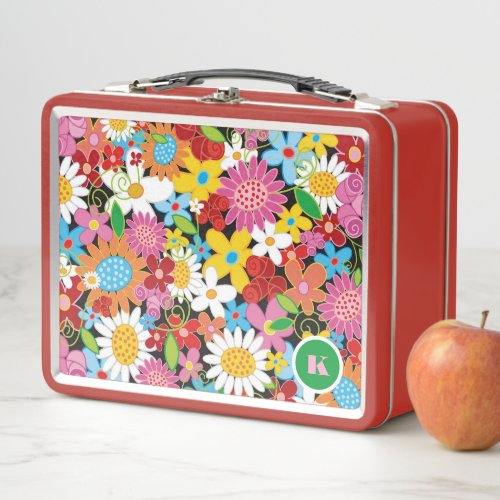 Whimsical Colorful Spring Flowers Garden Monogram Metal Lunch Box