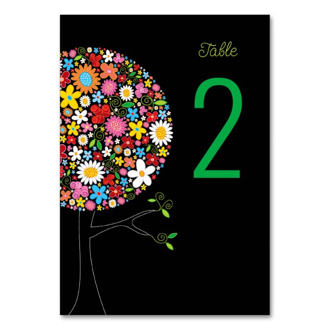 Whimsical Colorful Spring Flowers Pop Tree Blooms Table Number (Front)