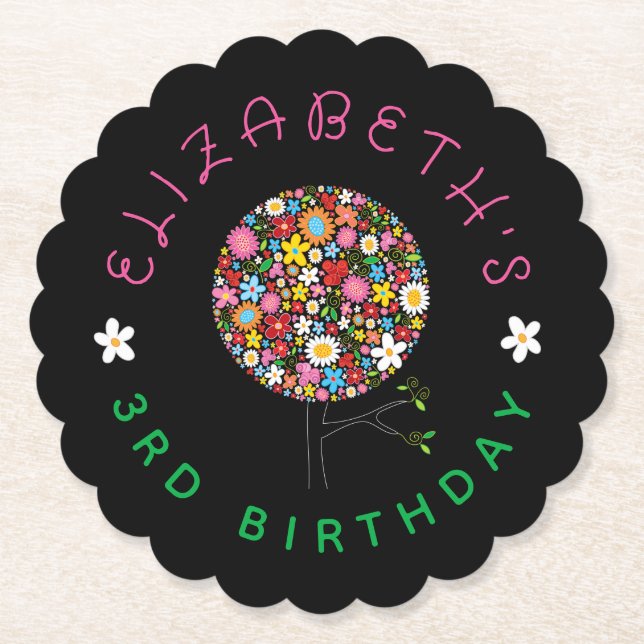 Whimsical Colorful Spring Flowers Pop Tree Party Paper Coaster (Front)