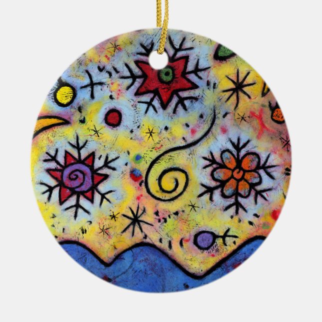 Whimsical Colorful Starry Skies Snowflake Ceramic Ornament (Front)