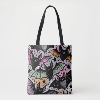 Whimsical Colorful Stars Bats Pattern Halloween Tote Bag