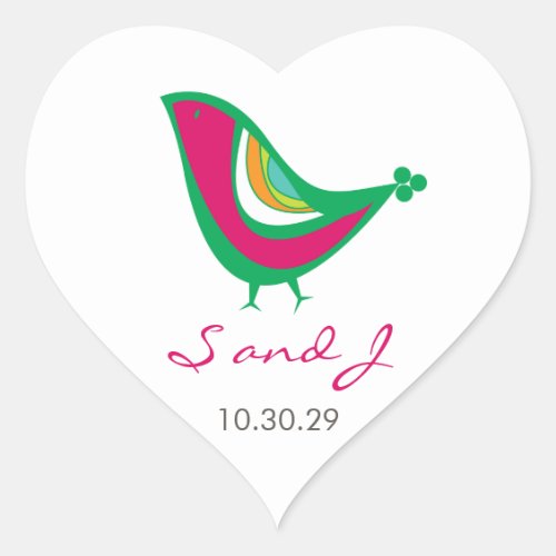 Whimsical Colorful Summer Bird Modern Chic Wedding Heart Sticker