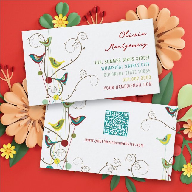 Whimsical Colorful Summer Birds And Swirls Modern Business Card (Whimsical Colorful Summer Birds And Swirls Modern Business/Profile Card fat_fa_tin)