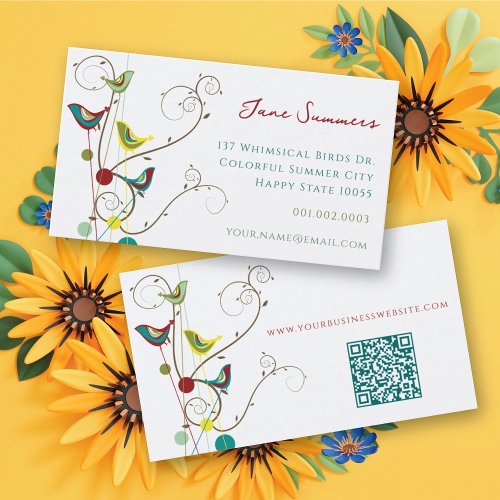 Whimsical Colorful Summer Birds And Swirls Modern Business Card