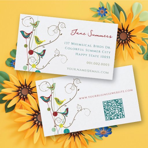 Customizable Whimsical Summer Birds Swirls Modern Nature Vines Business Card