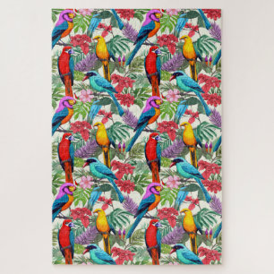 Whimsical Colorful Tropical Jungle Birds Difficult Jigsaw Puzzle