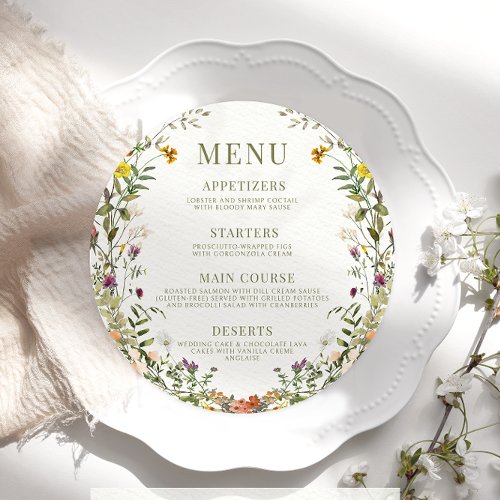 Whimsical colorful wildflower Menu Card For Plate