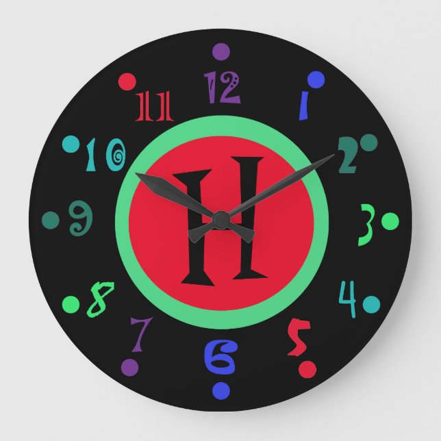 Whimsical Colors Monogram Decorative Wall Clock (Front)