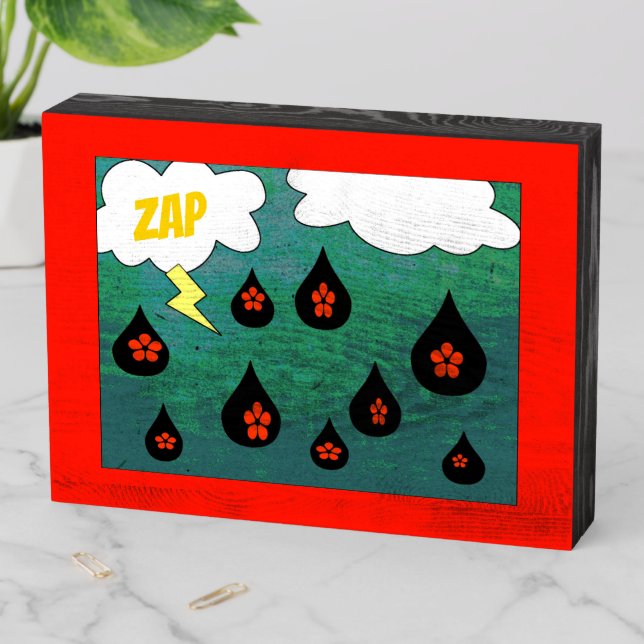 Whimsical Comic Book Pop Art Thunderflowers Wooden Box Sign (In Situ Horizontal)