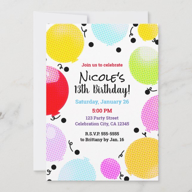 Whimsical Comic Style Balloons Birthday Party Invitation (Front)