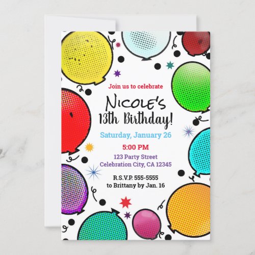 Whimsical Comic Style Balloons Birthday Party Invitation