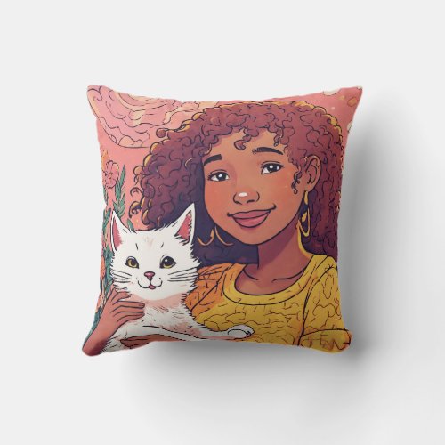 Whimsical Companions Girl and Cat Pillow Cover