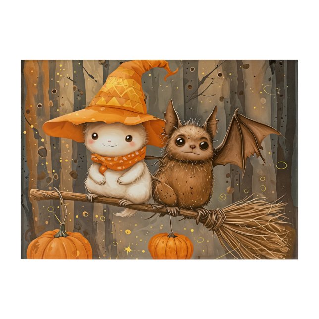 "Whimsical  Companions in a Halloween Forest" Acrylic Print (Front)