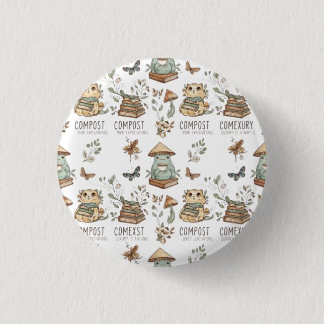 Whimsical "Compost Your Expectations" Frog & Cat P Button (Front)