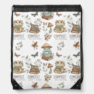 Whimsical "Compost Your Expectations" Frog & Cat P Drawstring Bag