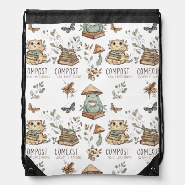 Whimsical "Compost Your Expectations" Frog & Cat P Drawstring Bag (Front)