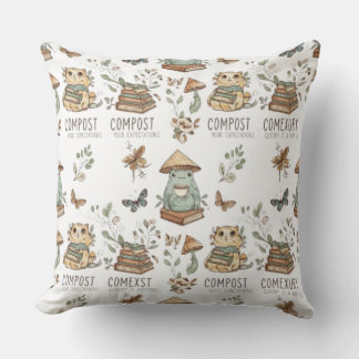 Whimsical "Compost Your Expectations" Frog & Cat P Throw Pillow