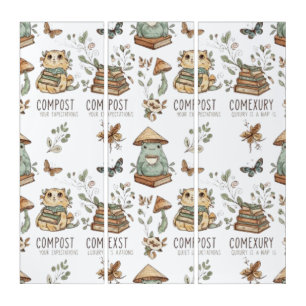 Whimsical "Compost Your Expectations" Frog & Cat P Triptych