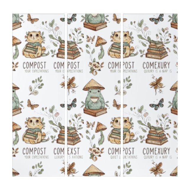 Whimsical "Compost Your Expectations" Frog & Cat P Triptych (Front)
