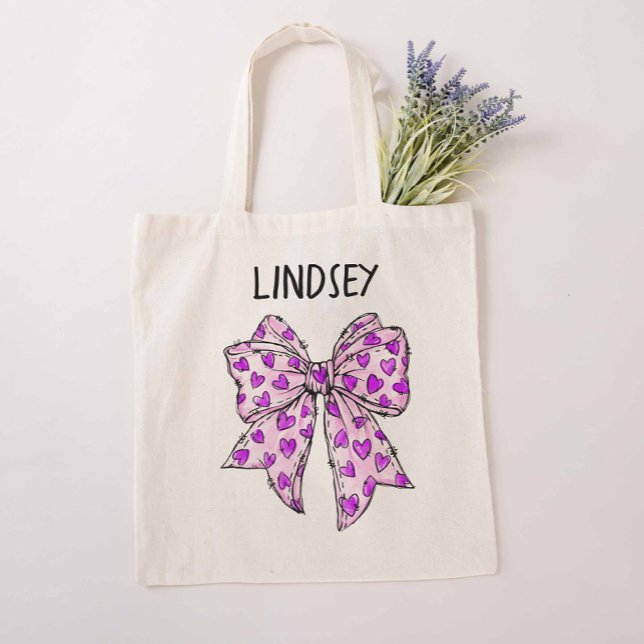 Whimsical Coquette Bow Lavender and Purple Hearts Tote Bag (Purple Coquette Tote Bag)