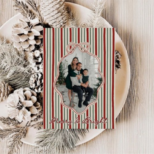 Whimsical Coquette Bow Stripe Holiday Photo Card