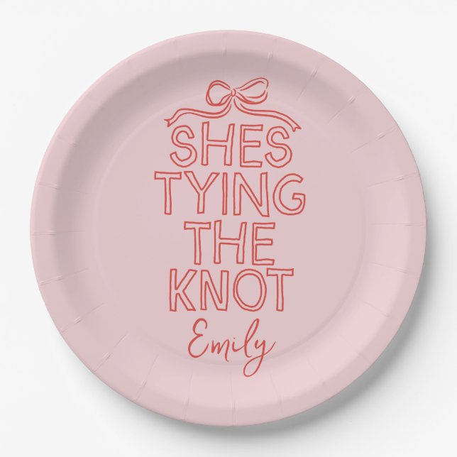 Whimsical coquette bow tying knot bridal shower paper plates (Front)