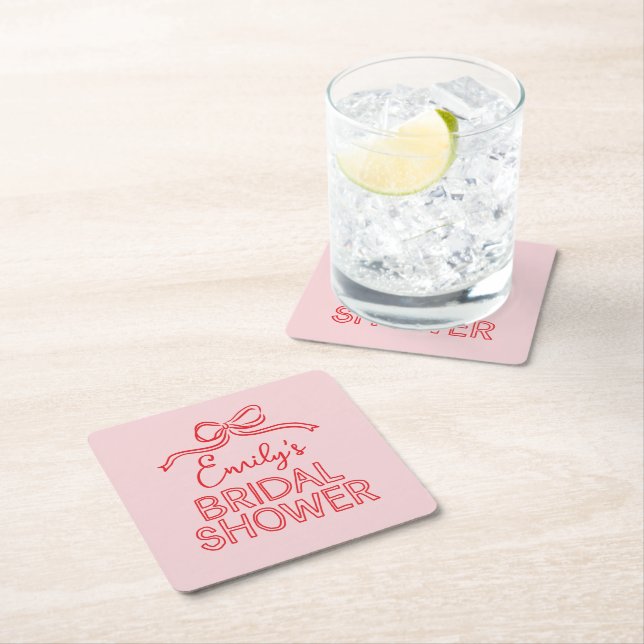 Whimsical coquette bow tying knot bridal shower square paper coaster (Insitu)