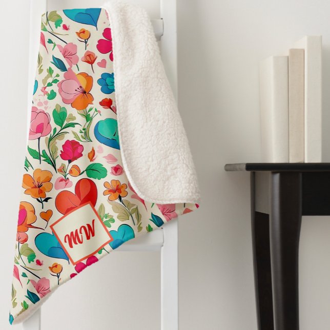 Whimsical coquette hearts, and flowers monogram sherpa blanket (Creator Uploaded)