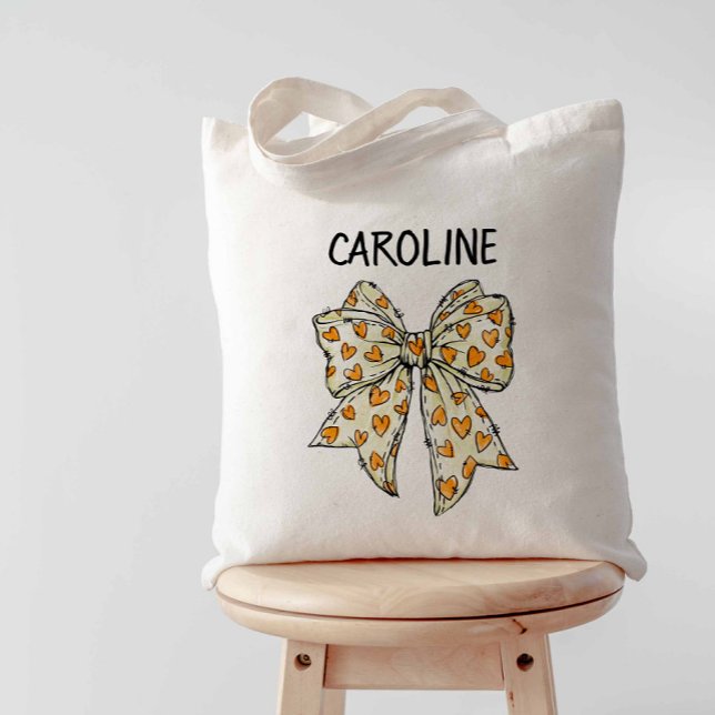Whimsical Coquette Orange Yellow Heart Bow  Tote Bag (Yellow-Orange Coquette Bow Tote Bag)