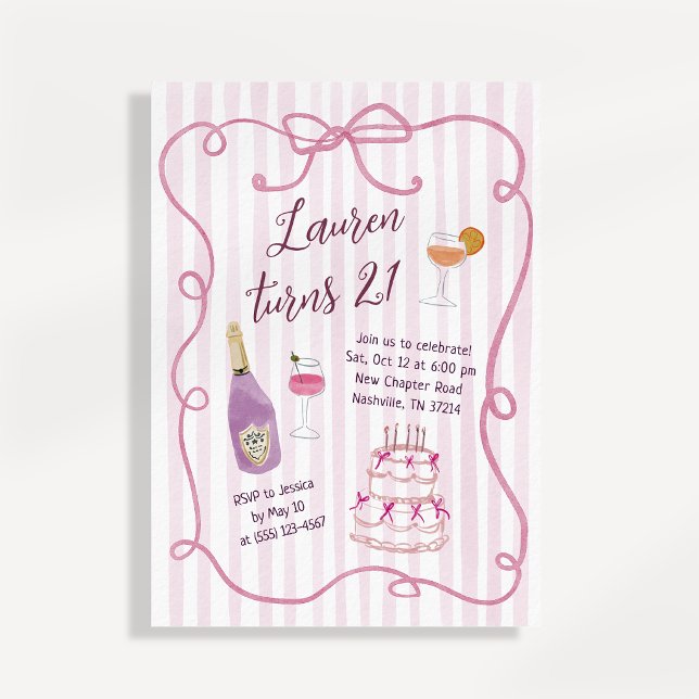 Whimsical Coquette Pink Bow 21st Birthday  Invitation (Creator Uploaded)
