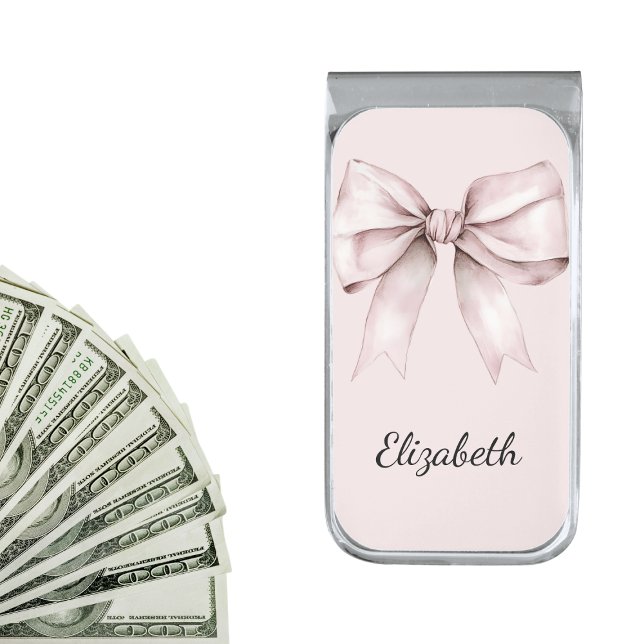 Whimsical coquette pink bow Personalized Name  Silver Finish Money Clip (Creator Uploaded)