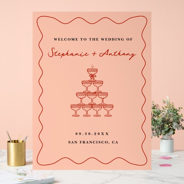 Whimsical Coral and Cherry Red Champagne Wedding Acrylic Sign (Wedding)