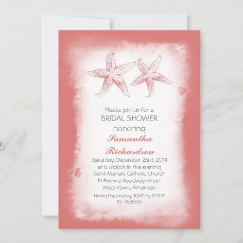 Whimsical coral beach bridal shower invitations