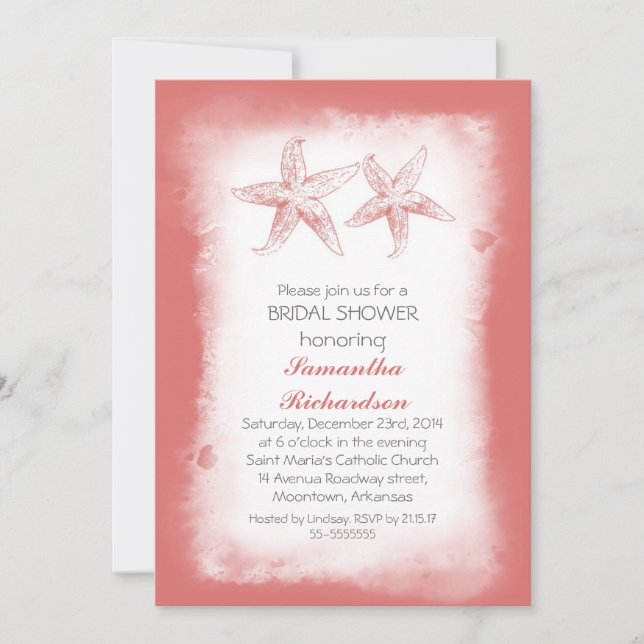 Whimsical coral beach bridal shower invitations (Front)