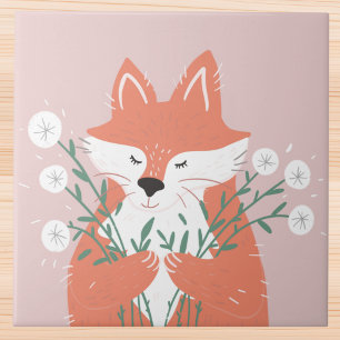 Whimsical Coral Fox with Dandelions Ceramic Tile