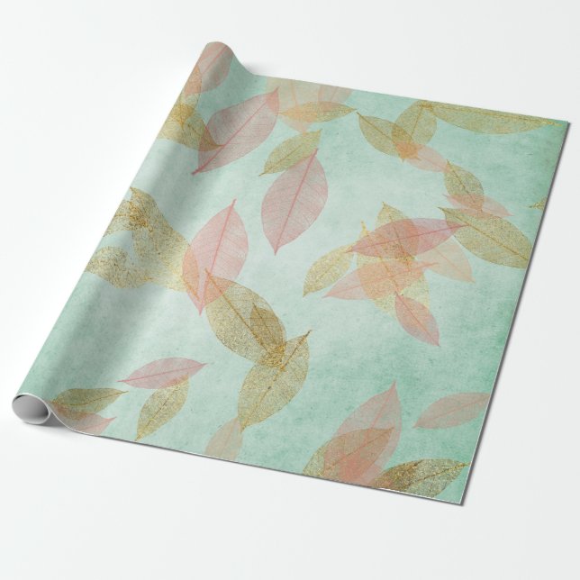 Whimsical Coral Gold Falling Leafs Mint Green Wrapping Paper (Unrolled)