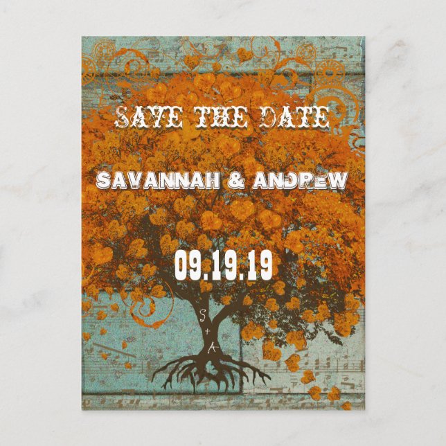 Whimsical Coral Heart Leaf Tree Save the Date Announcement Postcard (Front)