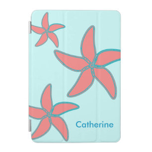 Whimsical Coral Pink Starfish on Aqua Custom Beach iPad Mini Cover