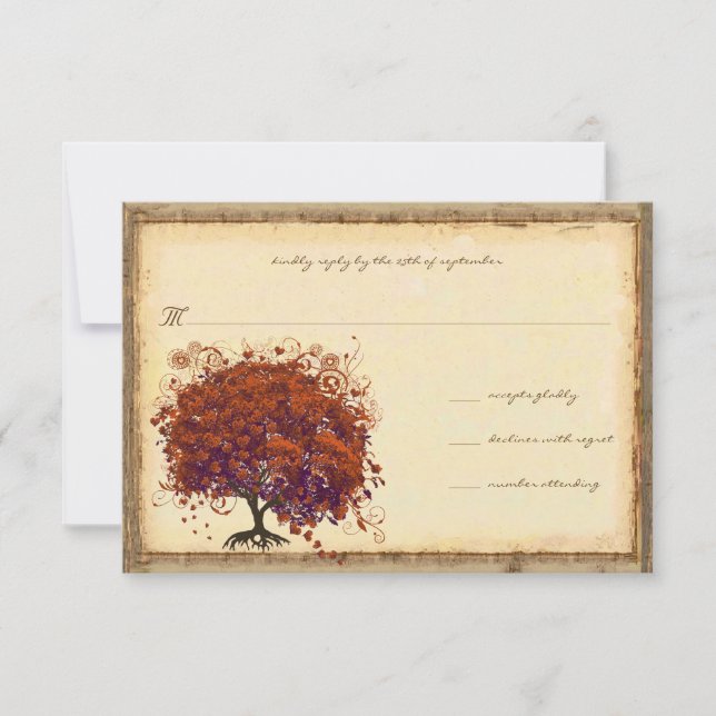 Whimsical Coral Plum Heart Tree Wedding Invitation (Front)