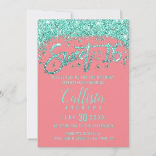 Whimsical Coral Turquoise Glitter Dust Sweet 16 Invitation