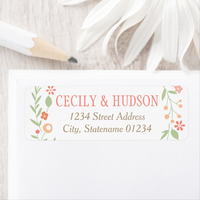 Whimsical Coral Wildflower Wedding Address Label (Insitu)