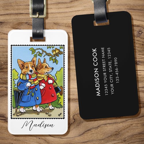 Whimsical Corgi Dog Illustration Custom Luggage Tag