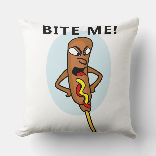 Whimsical Corn Dog with Mustard saying Bite Me Throw Pillow (Front)