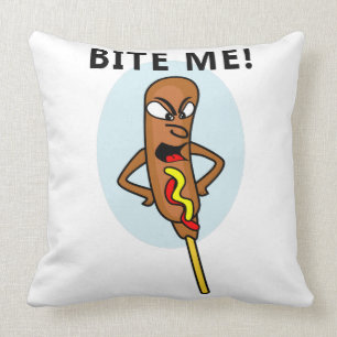 Whimsical Corn Dog with Mustard saying Bite Me Throw Pillow