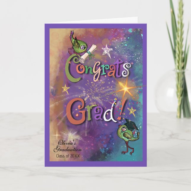 Whimsical Cosmic Congrats Grad Purple Graduation Card (Front)