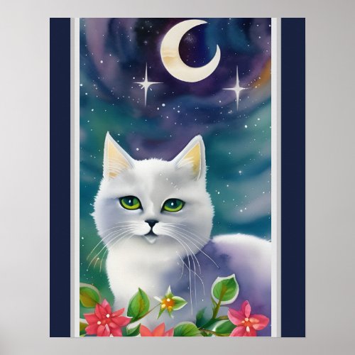 Whimsical Cosmic Kitty Watercolor   Poster